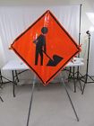 35x35 Work Sign Unknown Men At 35 X Vinyl Fluorescent Roll Up With Tripod Stand