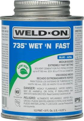 12497 Ips Weld-on 735 Wet Ftn Fast Medium-bodied High Strength Pvc 1/2 Pint Blue