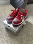 Size 6 Nike Dunk Low X Off-white University Red. Fixed Price $250.00.