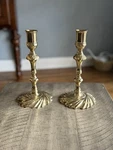 Pair Of Antique English Seam Cast Brass Swirl Base Candlestick (c. 1750). Fixed Price $250.00.