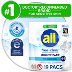 All Mighty Pacs Laundry Detergent Dye Free, 19 Count. Fixed Price $17.99.