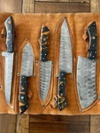 Custom Handmade Damascus Hammered 5 Pieces Chef Set Resin Handle & Leather Bag. Fixed Price $89.99.
