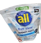All Mighty Pacs Laundry Detergent Dye Free, 19 Count. Fixed Price $6.00.