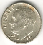 Usa - 1963P Dime Roosevelt Silver Low Mintage #13065RG. Fixed Price $9.47.